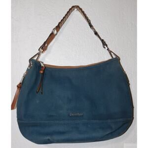 Calvin Klein Green Canvas Brown Trim Studded Strap Shoulder Purse